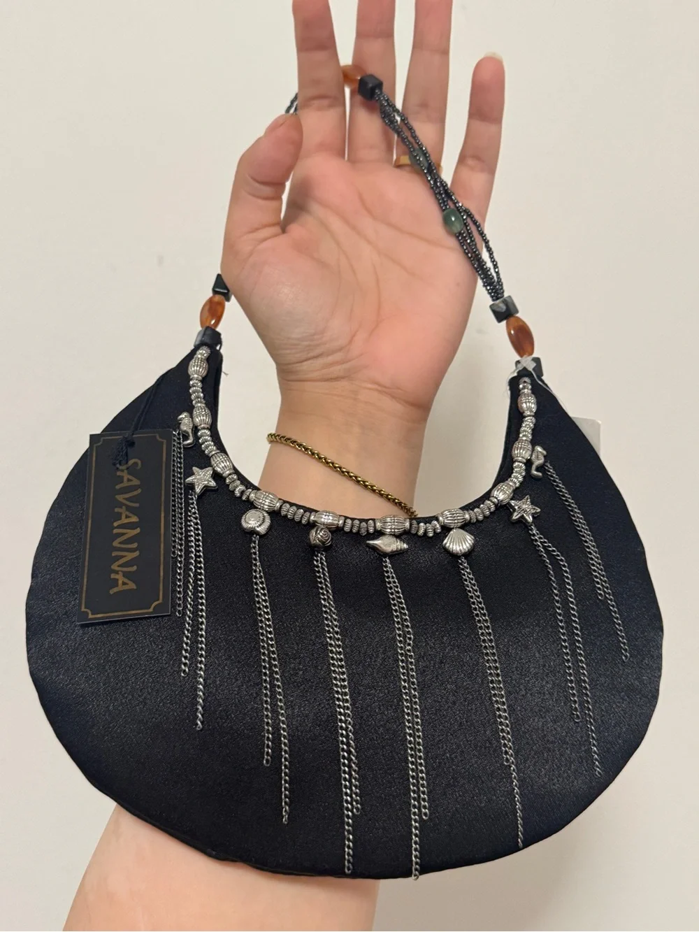 Y2K SAVANNA Small Black Beaded Shoulder Bag Boho Chain Tassel Purse